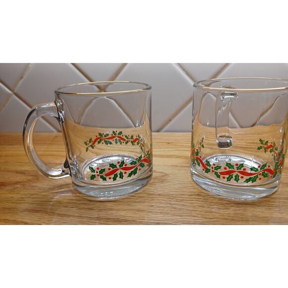 Set of 3 Vintage Christmas Holiday Holly‎ Leaf and Ribbon Glass Mug 12 oz - Picture 2 of 4